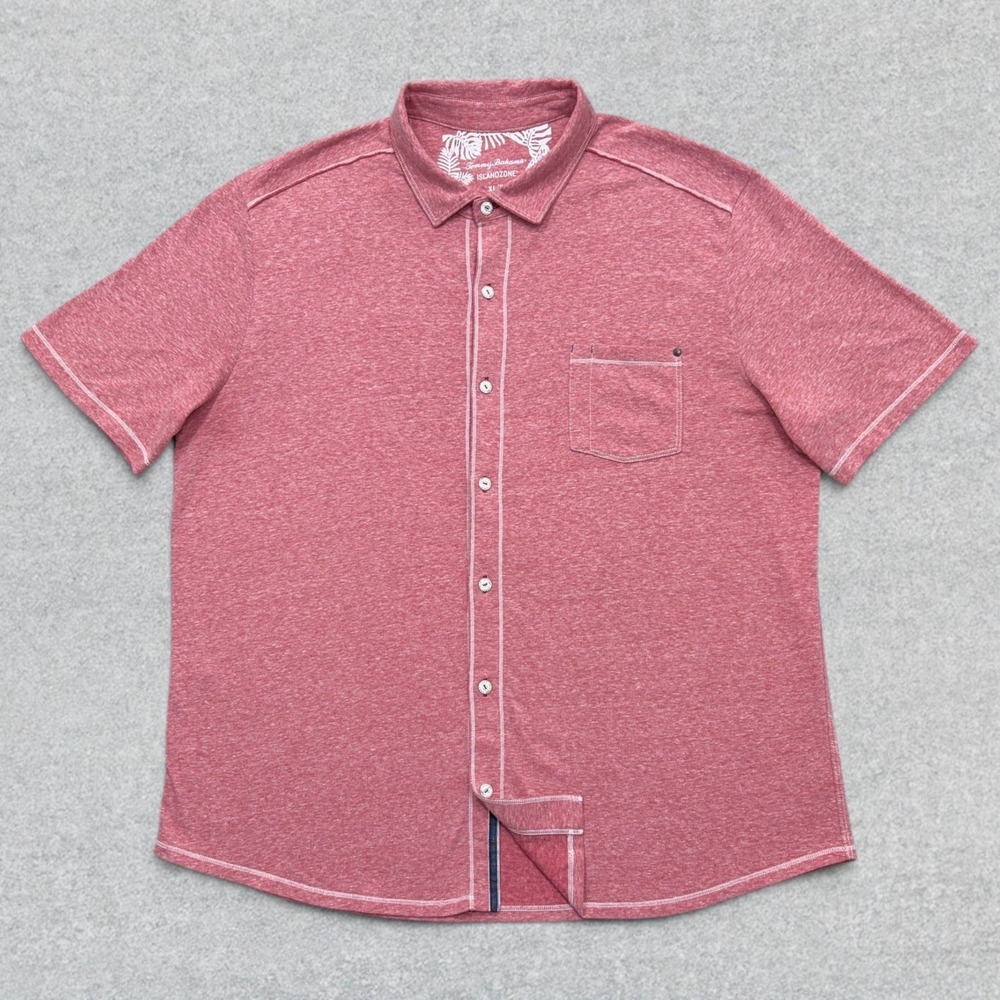 Tommy Bahama Shirt Men's XL Pink Heathered IslandZone Button Up Short Sleeve